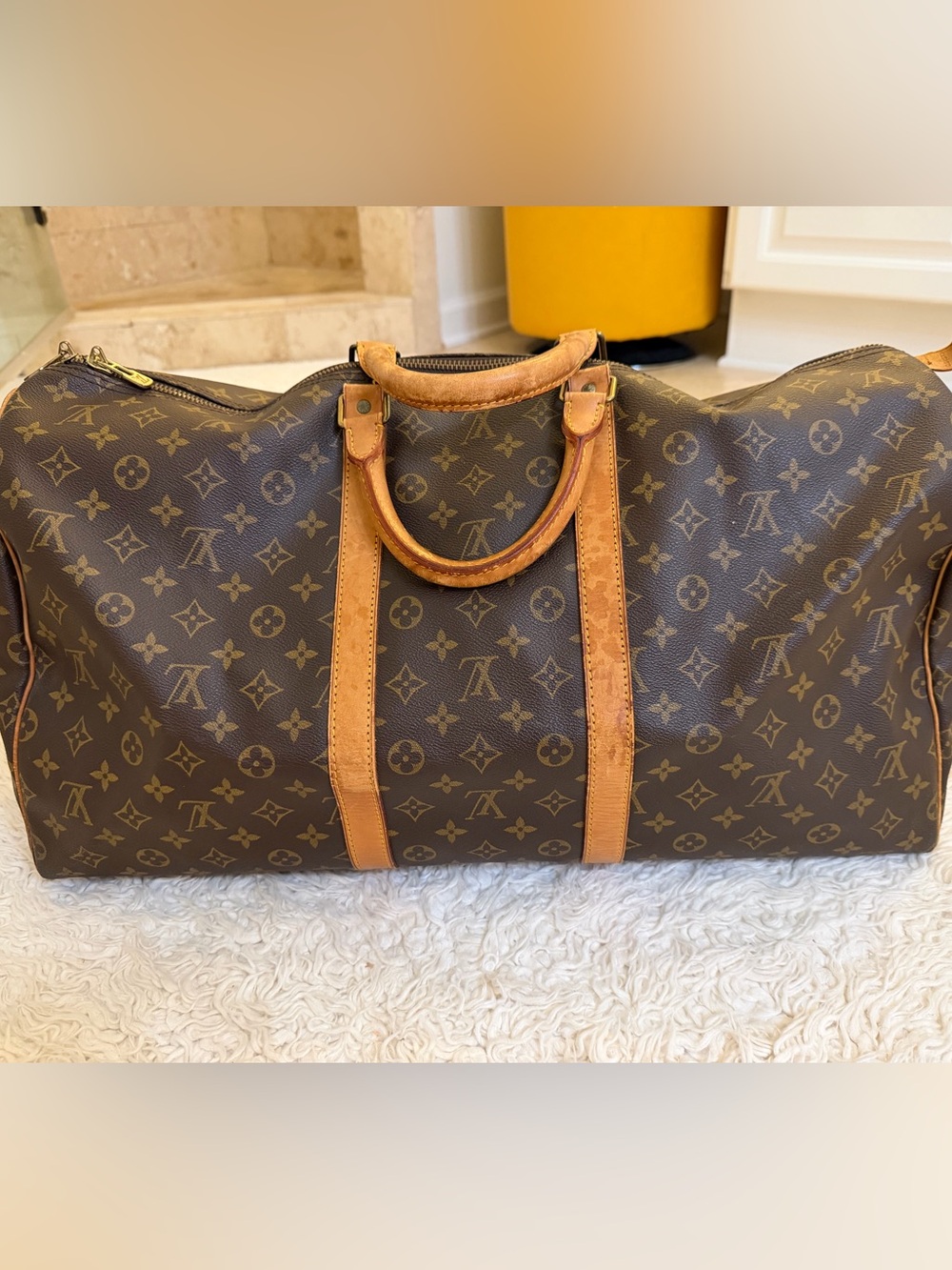 Louis Vuitton Keepall 55 Brown Monogram Canvas Duffel with Natural Leather Trim